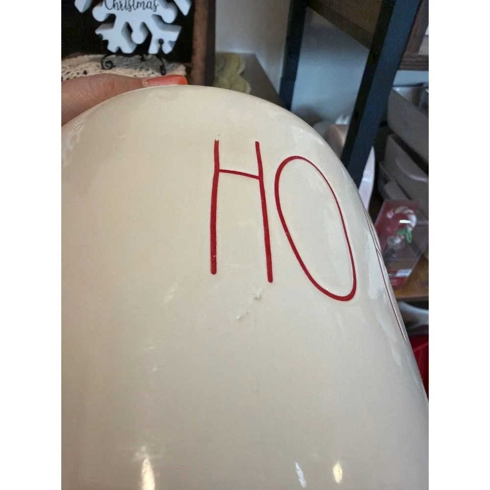 HO HO HO Rae Dunn Christmas Ceramic Canister Jar White Red Round With Lid